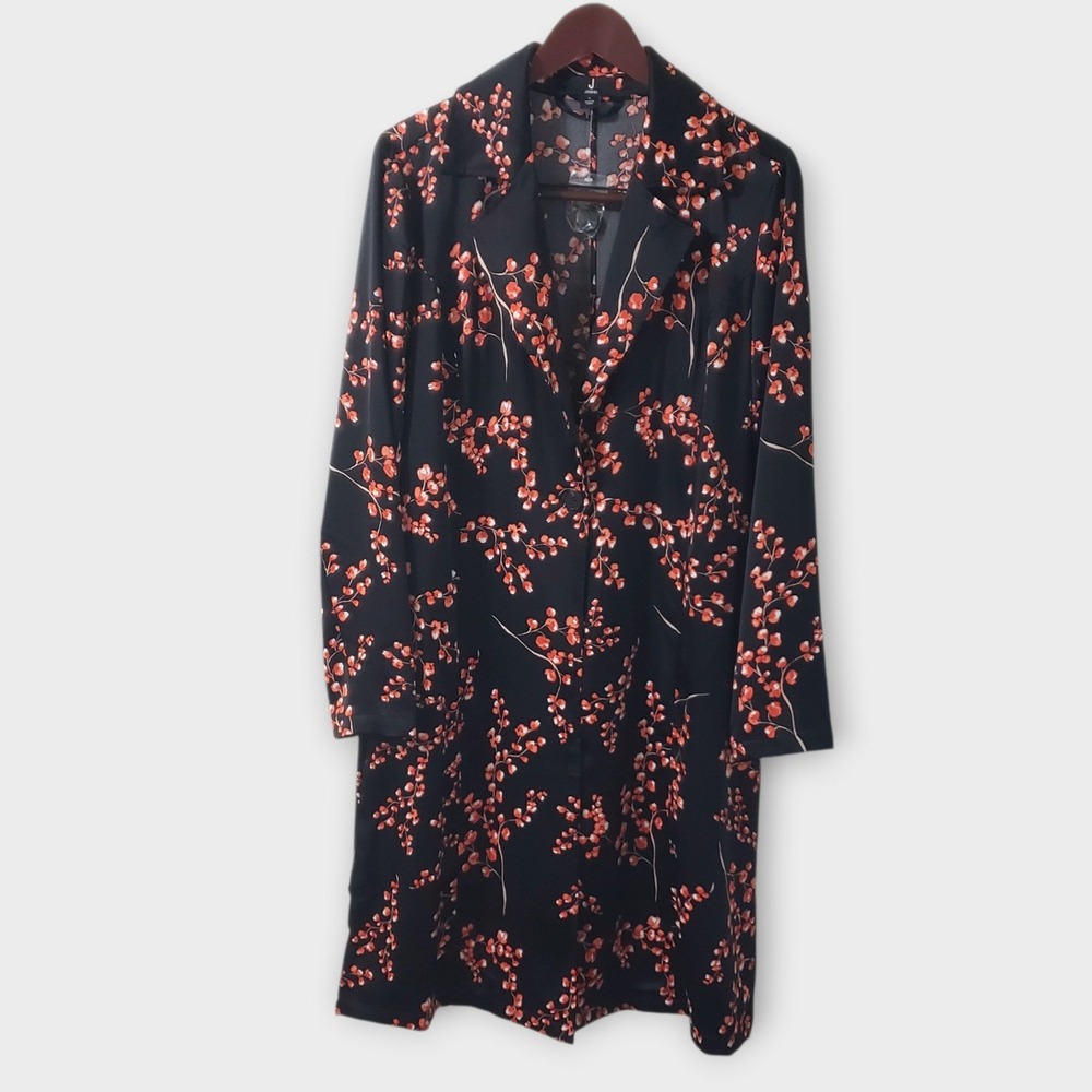 NWOT Jason Wu Satin Trench Coat Black Pink Floral Small Pockets Asian *No Belt*